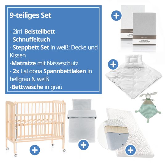 Fillikid 9-tlg. Beistellbett-Komplett-Set Nino inkl. Matratze, Bettwäsche, Spannbetttücher, Steppbett & Schmusetuch - Natur