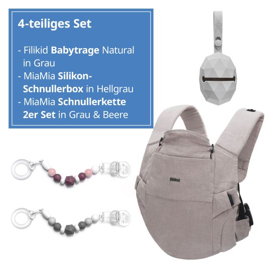 Fillikid Natural baby carrier from 3.5 -20 kg for tummy, hip and back carrying position incl. silicone pacifier box diamond light gray + set of 2 pacifier chains gray berry - gray