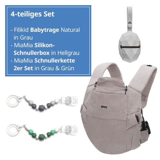 Fillikid Natural baby carrier from 3.5 -20 kg for tummy, hip and back carrying position incl. silicone pacifier box diamond light gray + set of 2 pacifier chains gray green - gray