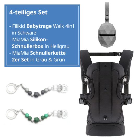 Fillikid Babytrage Walk 4in1 inkl. Silikon-Schnullerbox Diamant Grau + 2er Set Schnullerketten Grau Grün - Schwarz