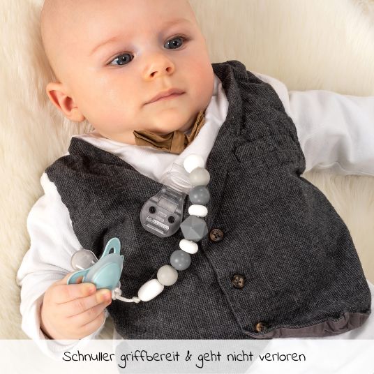 Fillikid Babytrage Walk 4in1 inkl. Silikon-Schnullerbox Diamant Grau + 2er Set Schnullerketten Grau Grün - Schwarz