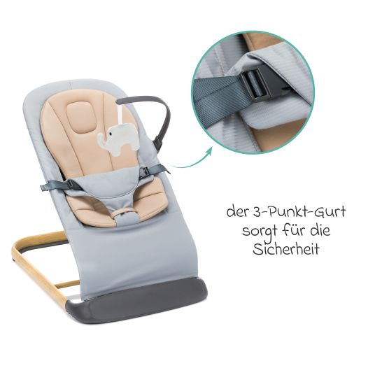 Fillikid Babywippe Rocker mit 3 verstellbaren Positionen und Spielbügel mit Plüschfigur - Grau Beige