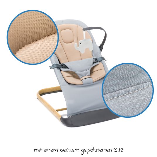 Fillikid Babywippe Rocker mit 3 verstellbaren Positionen und Spielbügel mit Plüschfigur - Grau Beige