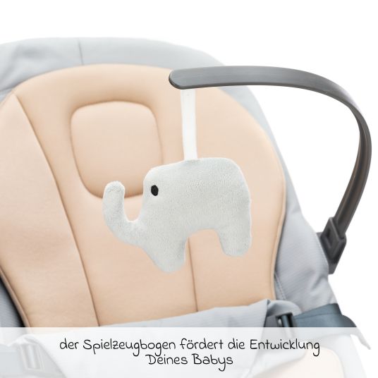 Fillikid Babywippe Rocker mit 3 verstellbaren Positionen und Spielbügel mit Plüschfigur - Grau Beige