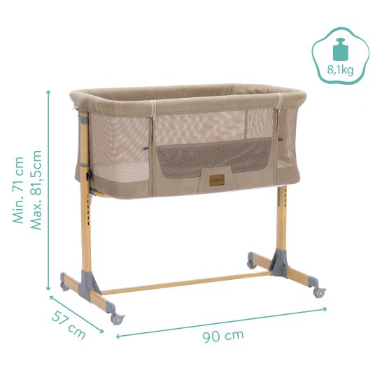 Fillikid Beistellbett Crip 6-fach höhenverstellbar mit Netzstoff für optimale Luftzirkulation & 4 Rollen - Caramel