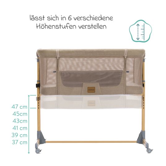 Fillikid Crip co-sleeper with 6 height settings, mesh fabric for optimum air circulation & 4 castors - Caramel