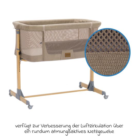 Fillikid Beistellbett Crip 6-fach höhenverstellbar mit Netzstoff für optimale Luftzirkulation & 4 Rollen - Caramel