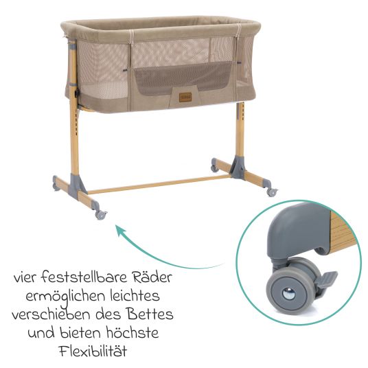 Fillikid Beistellbett Crip 6-fach höhenverstellbar mit Netzstoff für optimale Luftzirkulation & 4 Rollen - Caramel