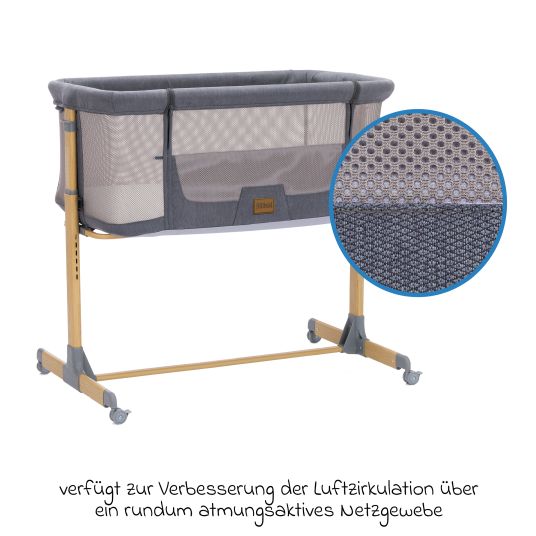 Fillikid Beistellbett Crip 6-fach höhenverstellbar mit Netzstoff für optimale Luftzirkulation & 4 Rollen - Grau