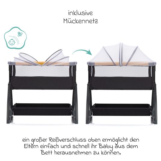 Fillikid Scandic co-sleeper with rocking function, height-adjustable incl. mattress, inner cover & mosquito net - gray melange