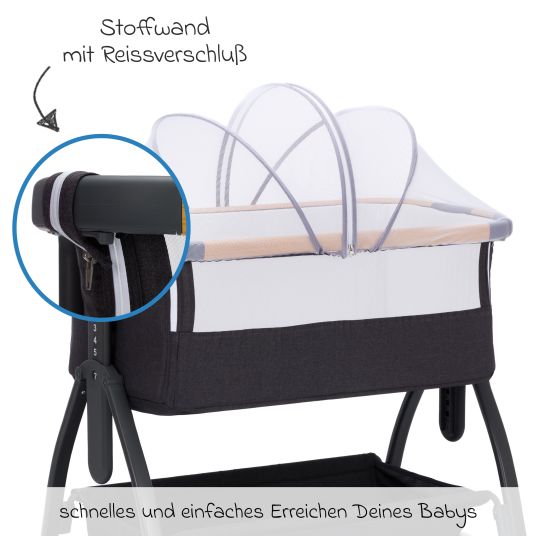 Fillikid Scandic co-sleeper with rocking function, height-adjustable incl. mattress, inner cover & mosquito net - gray melange