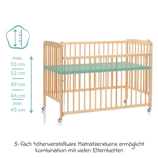 Fillikid Beistellgitterbett Nena aus massivem Buchenholz mit 4 feststellbaren Rollen 60 x 120 cm - Natur