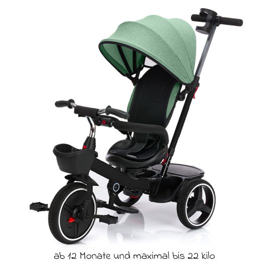 Fillikid Niki 360 tricycle with swivel seat, height-adjustable push bar, sun canopy, freewheel & storage basket Black Green