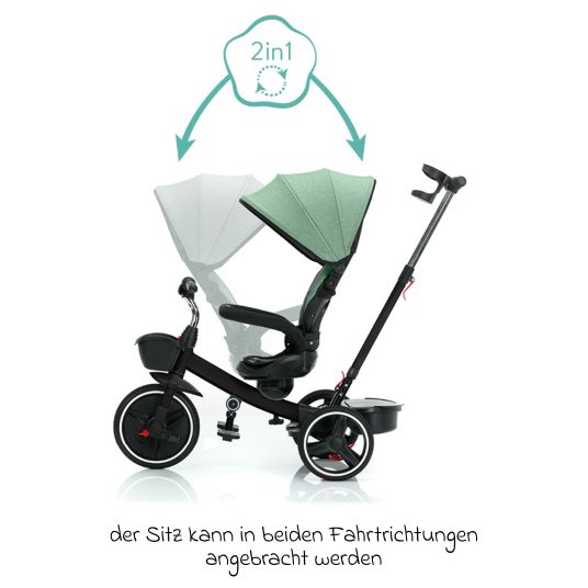 Fillikid Niki 360 tricycle with swivel seat, height-adjustable push bar, sun canopy, freewheel & storage basket Black Green