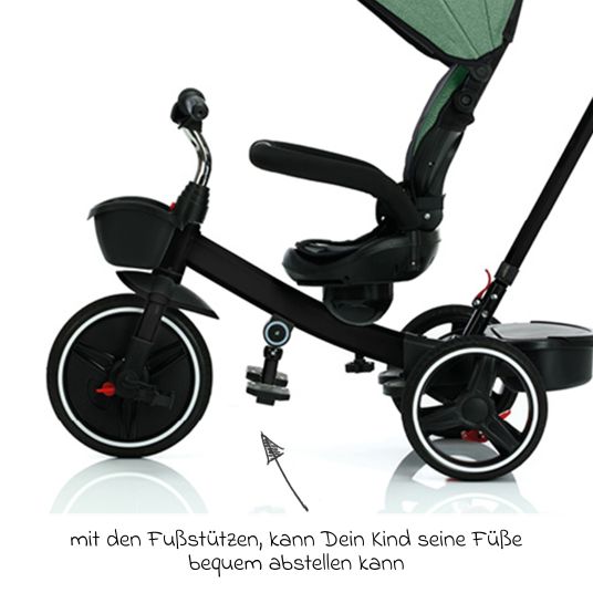Fillikid Triciclo Niki 360 con sedile girevole, maniglione regolabile in altezza, tettuccio parasole, ruota libera e cestino portaoggetti Nero Verde