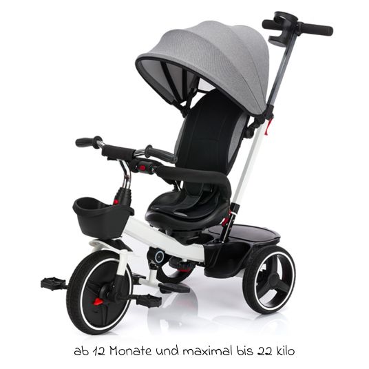 Fillikid Niki 360 tricycle with swivel seat, height-adjustable push bar, sun canopy, freewheel & storage basket White Grey