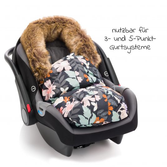 Fillikid Fleece footmuff with fur collar Lhotse for baby car seat and baby bath - flowers