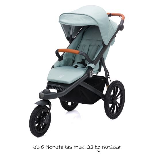 Fillikid Jogger & Sportwagen Run bis 22 kg belastbar mit Lufträder, Knickschieber, Liegeposition & Handbremse - Salbei Melange