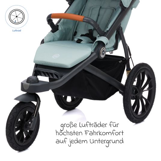 Fillikid Jogger & Sportwagen Run bis 22 kg belastbar mit Lufträder, Knickschieber, Liegeposition & Handbremse - Salbei Melange