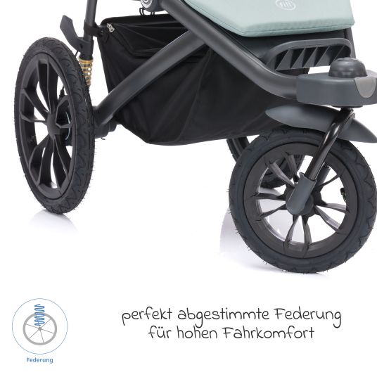 Fillikid Jogger & Sportwagen Run bis 22 kg belastbar mit Lufträder, Knickschieber, Liegeposition & Handbremse - Salbei Melange