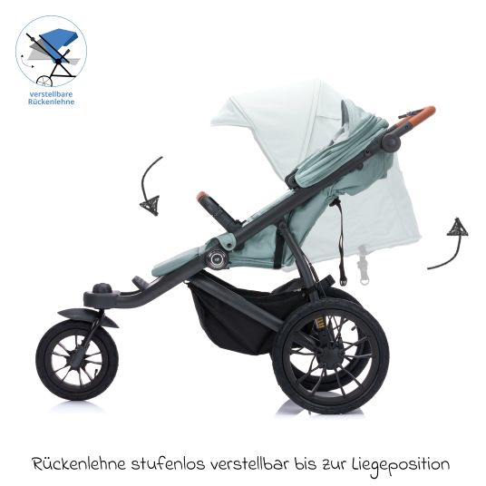 Fillikid Jogger & Sportwagen Run bis 22 kg belastbar mit Lufträder, Knickschieber, Liegeposition & Handbremse - Salbei Melange