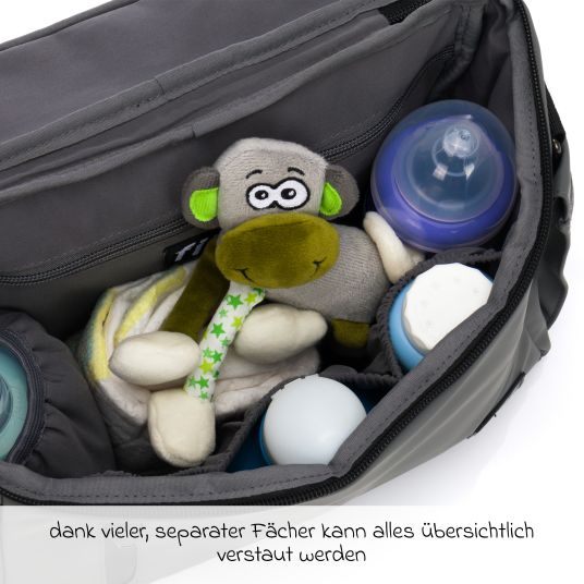 Fillikid Kinderwagen-Organizer Larvik mit viel Stauraum inkl. Wickelauflage, Flaschenhalter, Umhängegurt & Befestigungshaken - Grün
