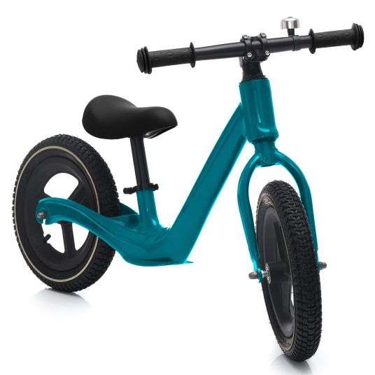 Fillikid Speedy SL balance bike con ruote pneumatiche da 12 pollici, telaio in alluminio e campanello - nero turchese