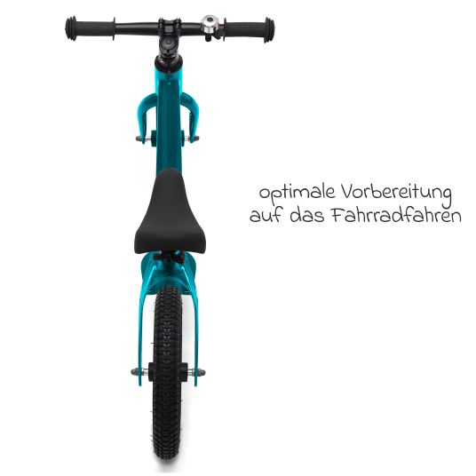 Fillikid Speedy SL balance bike with 12-inch pneumatic wheels, aluminum frame & bell - Turquoise Black