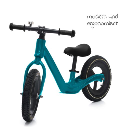 Fillikid Speedy SL balance bike con ruote pneumatiche da 12 pollici, telaio in alluminio e campanello - nero turchese