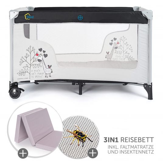 Fillikid Travel cot set incl. comfort mattress and insect screen - Giraffe - Black White
