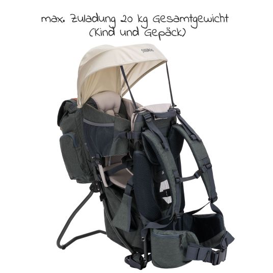 Fillikid Rückentrage Adventure für Baby & Kleinkind bis 20 kg mit Sonnendach & Rucksack - Grau