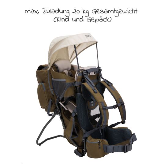 Fillikid Rückentrage Adventure für Baby & Kleinkind bis 20 kg mit Sonnendach & Rucksack - Olivgrün