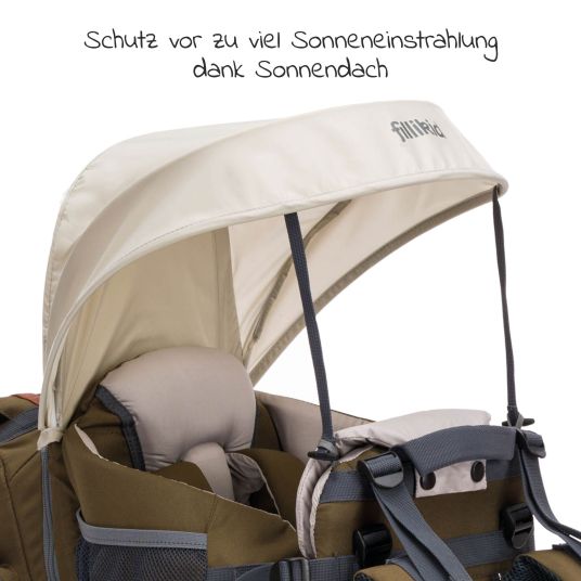 Fillikid Marsupio Adventure per neonati e bambini fino a 20 kg con tettuccio parasole, parapioggia e zaino - Verde oliva