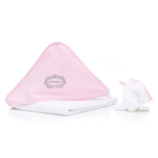 Fillikid Set asciugamano con cappuccio e guanto di lavaggio 100 x 100 cm - Principessa - Rosa