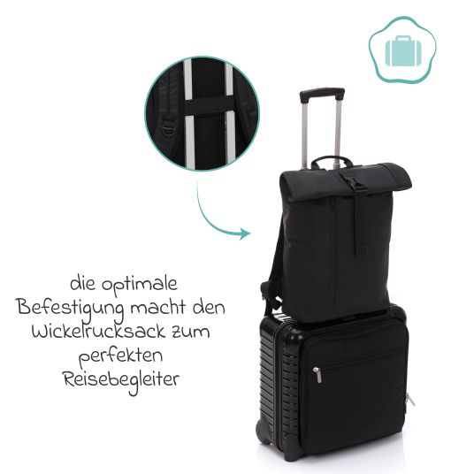 Fillikid Oslo changing backpack in roll-top design with variable storage space incl. changing mat, bottle warmer & fastening hooks - Black
