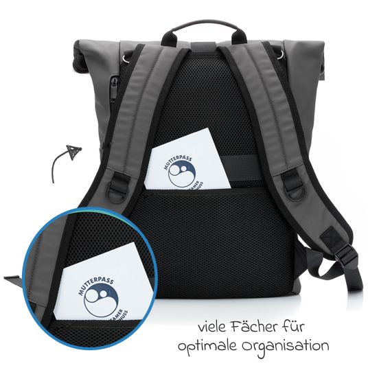 Fillikid Oslo changing backpack in roll-top design with variable storage space incl. changing mat, bottle warmer & fastening hooks - gray