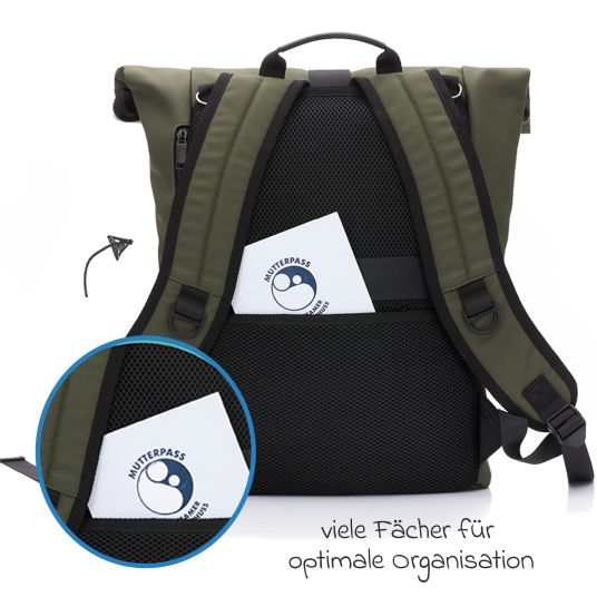 Fillikid Oslo changing backpack in roll-top design with variable storage space incl. changing mat, bottle warmer & fastening hooks - green