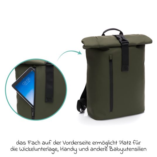 Fillikid Oslo changing backpack in roll-top design with variable storage space incl. changing mat, bottle warmer & fastening hooks - green