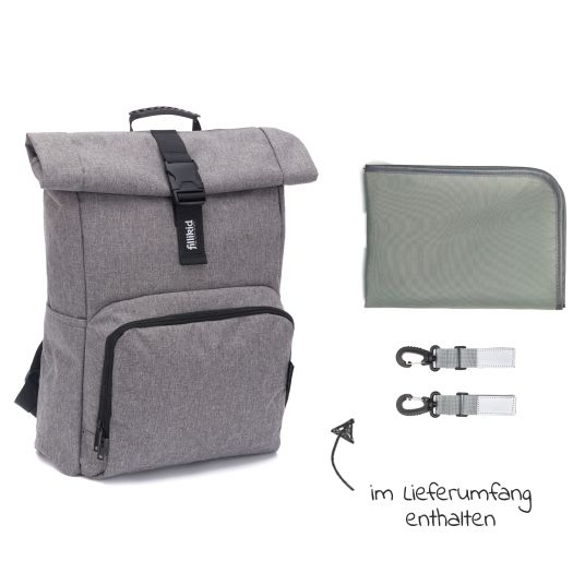 Fillikid Changing backpack Tokyo in roll-top style incl. changing mat, variable storage space, thermal compartment & fastening hooks - gray melange