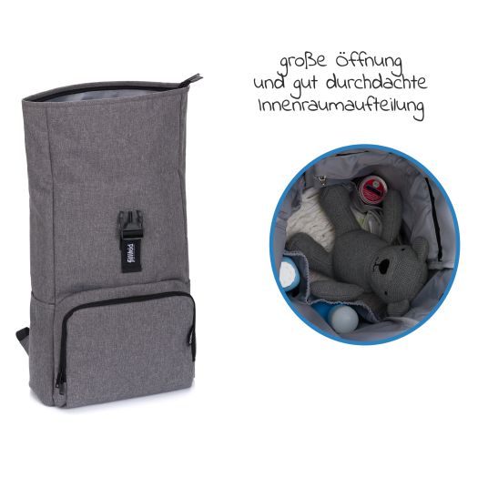 Fillikid Changing backpack Tokyo in roll-top style incl. changing mat, variable storage space, thermal compartment & fastening hooks - gray melange