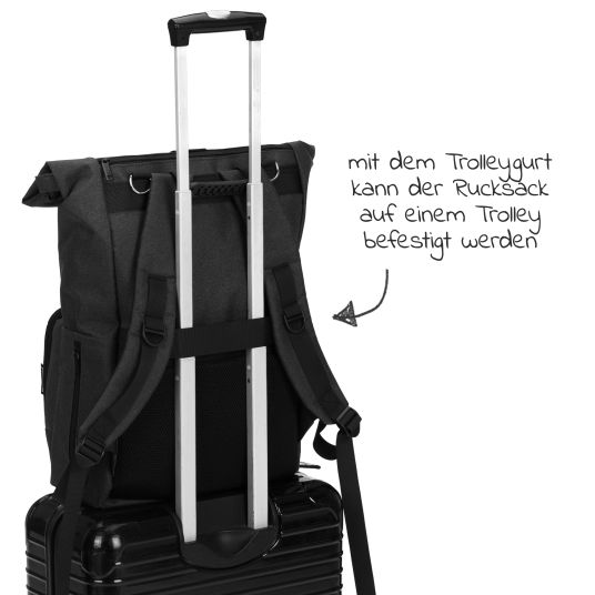 Fillikid Tokyo roll-top style changing backpack incl. changing mat, variable storage space, thermal compartment & fastening hooks - black