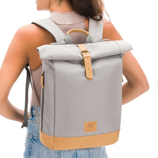 Fillikid Wickeltasche Berlin im Rolltop-Design mit variablem Stauraum, ergonomische Gurte, Thermofach, Kinderwagenbefestigung & Wickelunterlage - Grau