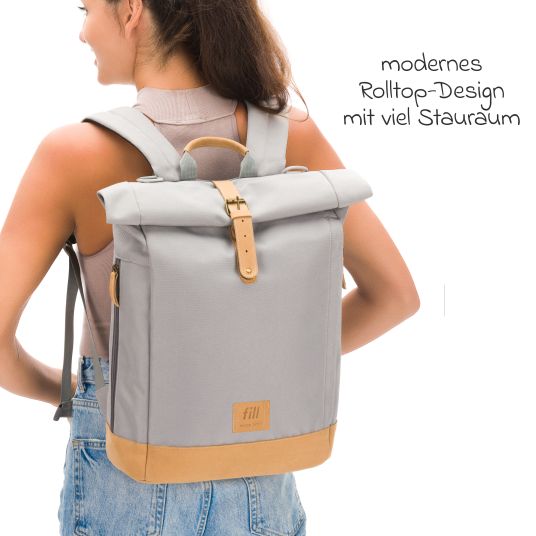 Fillikid Wickeltasche Berlin im Rolltop-Design mit variablem Stauraum, ergonomische Gurte, Thermofach, Kinderwagenbefestigung & Wickelunterlage - Grau