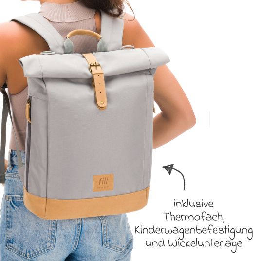 Fillikid Wickeltasche Berlin im Rolltop-Design mit variablem Stauraum, ergonomische Gurte, Thermofach, Kinderwagenbefestigung & Wickelunterlage - Grau