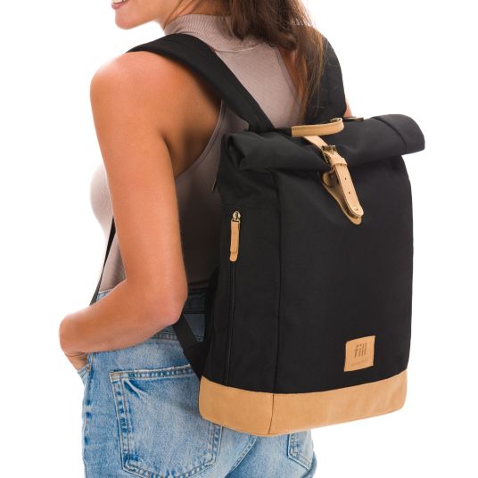 Fillikid Wickeltasche Berlin im Rolltop-Design mit variablem Stauraum, ergonomische Gurte, Thermofach, Kinderwagenbefestigung & Wickelunterlage - Schwarz