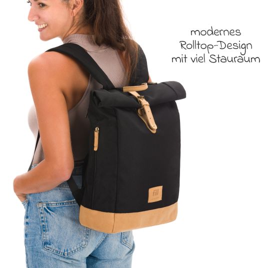 Fillikid Wickeltasche Berlin im Rolltop-Design mit variablem Stauraum, ergonomische Gurte, Thermofach, Kinderwagenbefestigung & Wickelunterlage - Schwarz