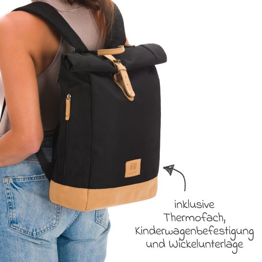 Fillikid Wickeltasche Berlin im Rolltop-Design mit variablem Stauraum, ergonomische Gurte, Thermofach, Kinderwagenbefestigung & Wickelunterlage - Schwarz