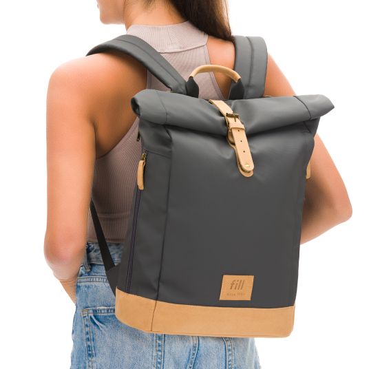 Fillikid Wickeltasche Berlin im Rolltop-Design mit variablem Stauraum, ergonomische Gurte, Thermofach, Kinderwagenbefestigung & Wickelunterlage - Stone Grey