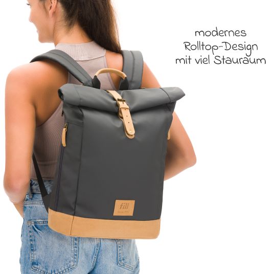 Fillikid Wickeltasche Berlin im Rolltop-Design mit variablem Stauraum, ergonomische Gurte, Thermofach, Kinderwagenbefestigung & Wickelunterlage - Stone Grey