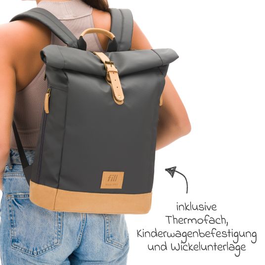 Fillikid Wickeltasche Berlin im Rolltop-Design mit variablem Stauraum, ergonomische Gurte, Thermofach, Kinderwagenbefestigung & Wickelunterlage - Stone Grey